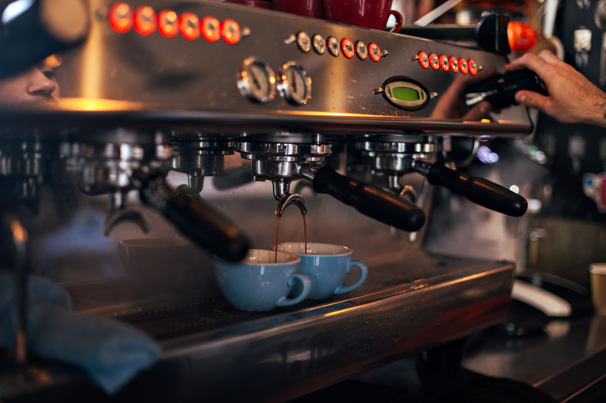 Closeup of professional barista coffee machine