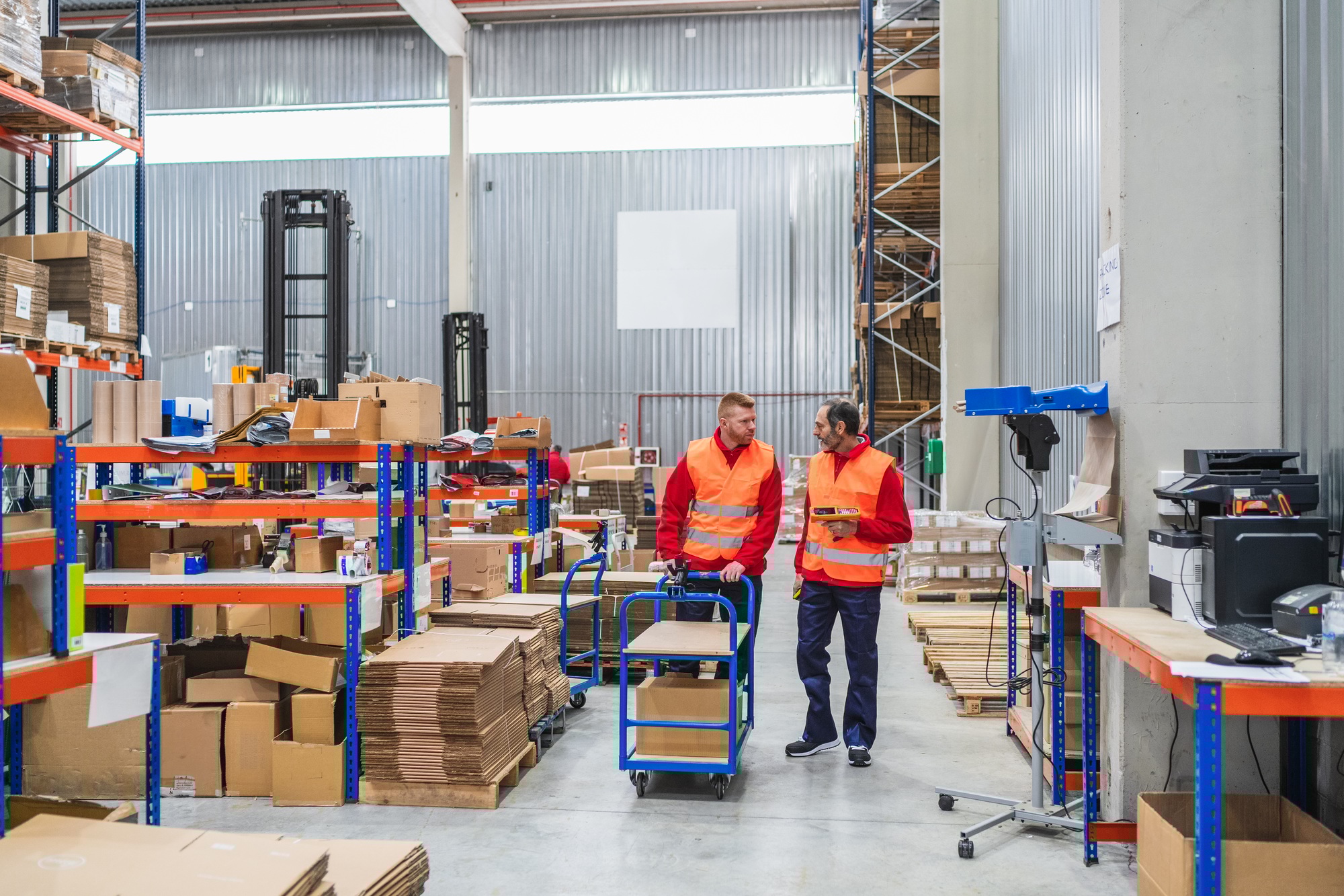 Warehouse workers transporting goods on trolley, discussing logistics